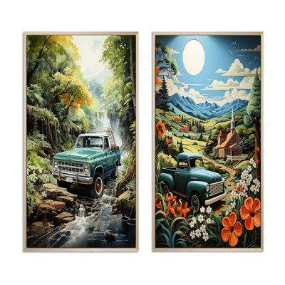 «Green Pickup Truck Enchanting Waterfall», 2 pièces