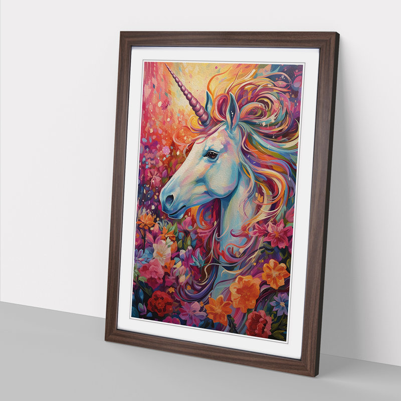 Unicorn Expressionism - Single Picture Frame Print on Wood, Walnut Framed, 34cm H x 25cm W