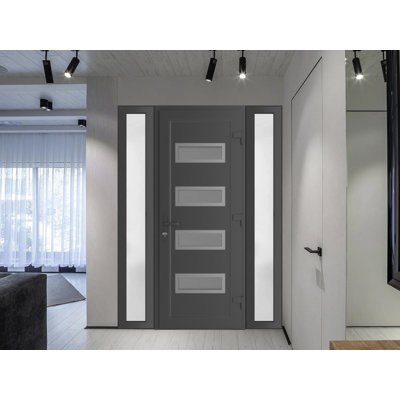 Front Exterior Prehung Metal-Plastic | Manux 8113 Antracite Grey | 2 Side Sidelite Transoms | Office Commercial and Residential Doors Entrance Patio Garage 68" x 80" (W16+36+16" x H80") Left hand Inswing