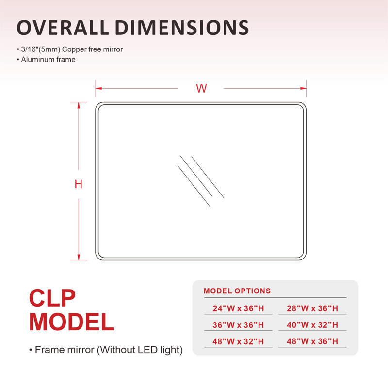 Miroir de salle de bain mural 28 po x H 36 po, L 28 po x H 36 po