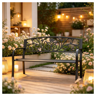 Banc d'extérieur deux places avec structure en acier et dossier floral décoratif noir