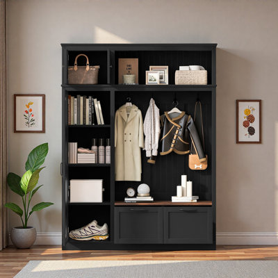 3-in-1 Hall Tree With Top Storage Cabinet, Open Storage, 3 Adjustable Side Shelves, 4 Heavy-duty Hooks, 2 Spacious Drawers And Seat Bench