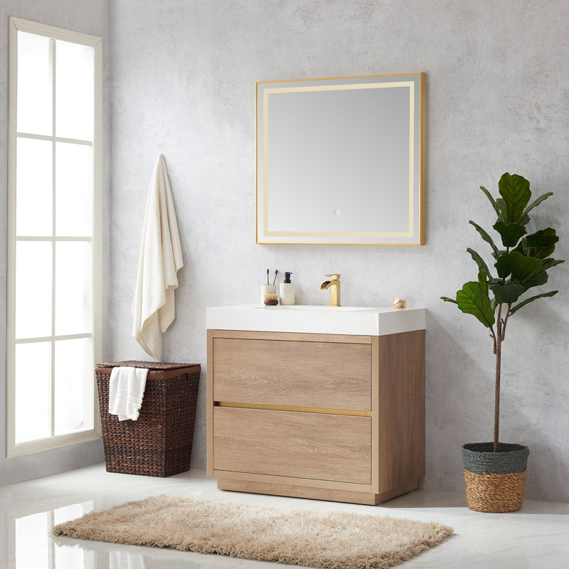 Beira Single Bathroom Vanity with Composite Top, North American Oak, White, 36"