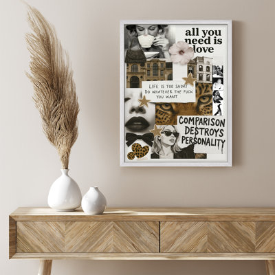 Framed Motivational Collage Wall Art, Pop Art Style Poster Print with Quotes and Icons for Office or Teen Room, Complements Glam and Urban Decor