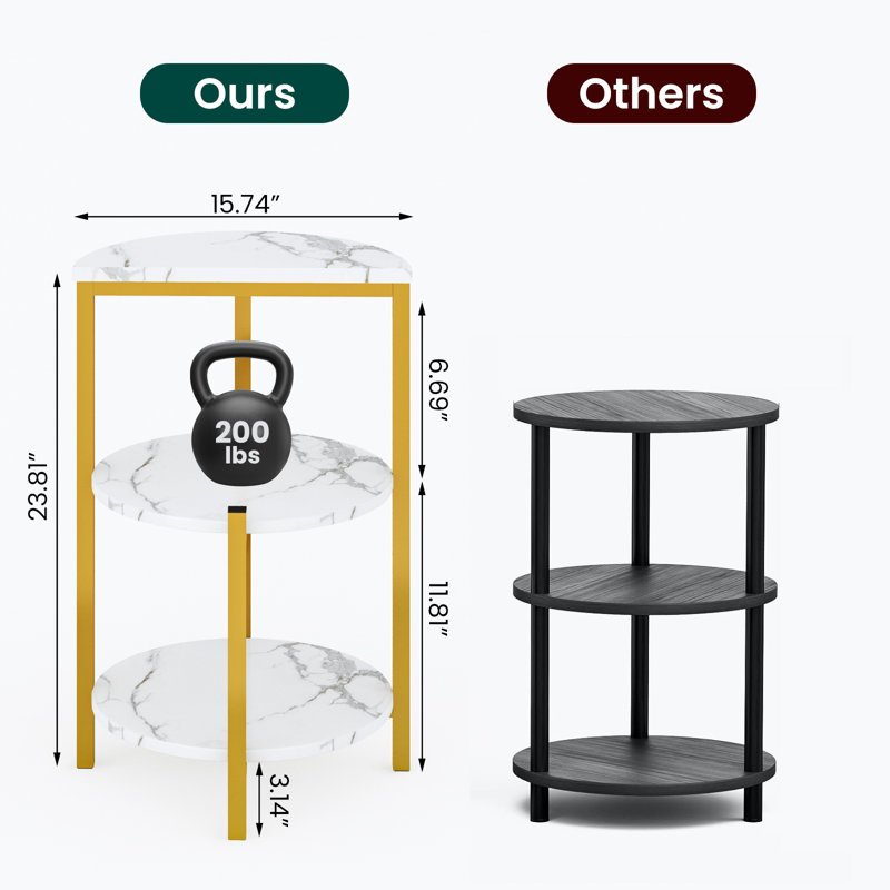 Living Room 3-tier Coffee Storage Shelves, Modern Coffee Side Table With Mdf Broad & Metal Frame, Industrial Faux Marble End Table For Bedroom, Living Room, Dining Room, White