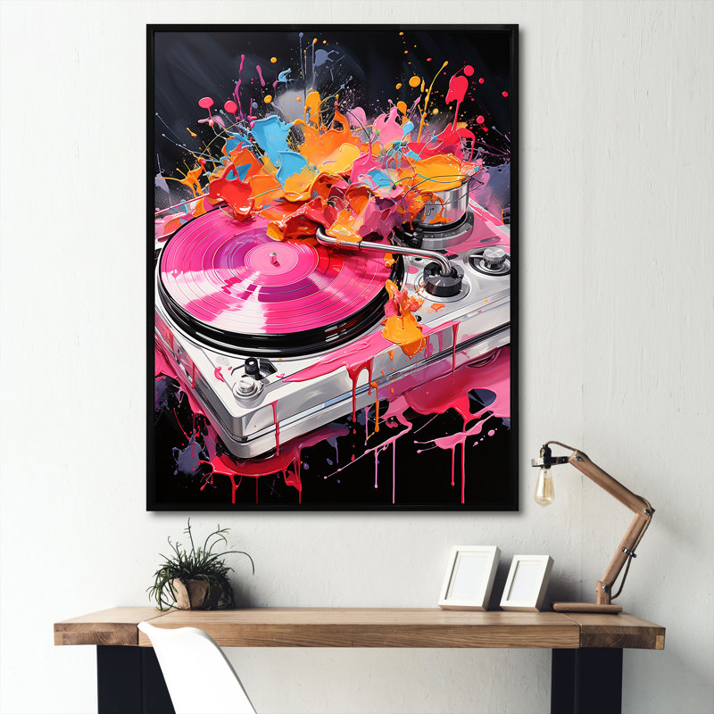 «Pink Turntables» Brilliance III - Art mural, platines et boîtes tournantes, Cadre flottant noir