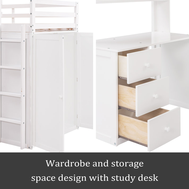 Lit mezzanine avec tiroirs, bureau et garde-robe, Lit simple, Blanc