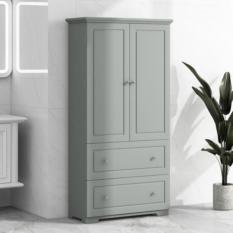 Large armoire de rangement pour salle de bain, armoire de rangement autoportante avec deux tiroirs et tablette réglable, panneau de fibres à densité moyenne avec finition peinte