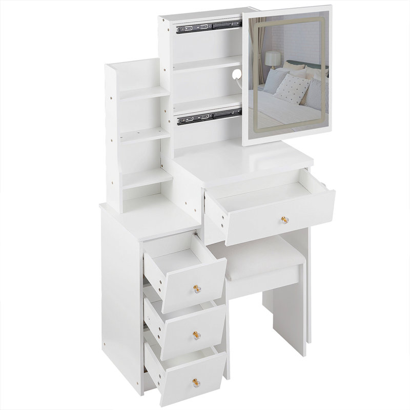 Petite coiffeuse 29,2 po avec tabouret de chevet gauche + tabouret rembourré, 2 blocs d'alimentation CA + 2 ports USB, support pour sèche-cheveux, très grand miroir à DEL coulissant à contrôle tactile, changement de couleur tricolore, réglage de la luminosité