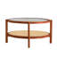 Table basse moderne en bois massif à double couche avec plateau en verre et tablette en rotin PE