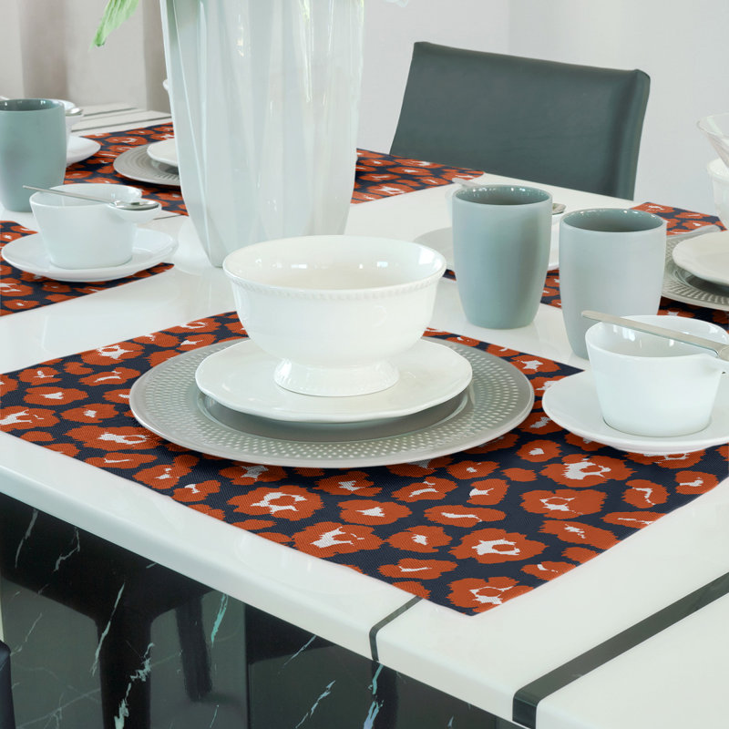 Animal Print Rectangle Placemat, Dark Navy/White/Orange, Cotton