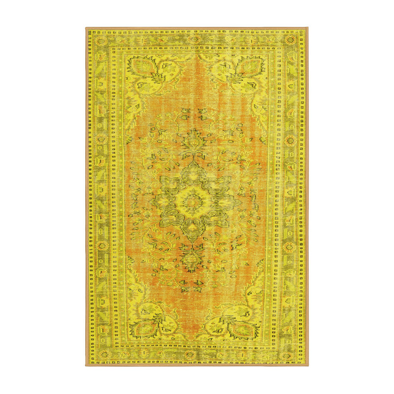 Tapis oriental en laine / polyester tissé à la machine en jaune / vert, Rectangle 4 pi x 6 pi