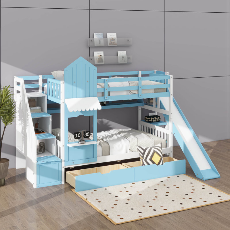 Lit superposé double de style château avec 2 tiroirs et 3 glissières, Bleu