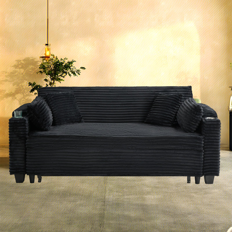 80 Inch Corduroy Convertible Sofa Bed With Cup Holders And Storage - Multi-Functional Futon For Living Room, Apartment, Bedroom