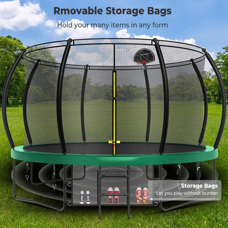Sapphome Round Backyard Trampoline with Safety Enclosure, Green/Black