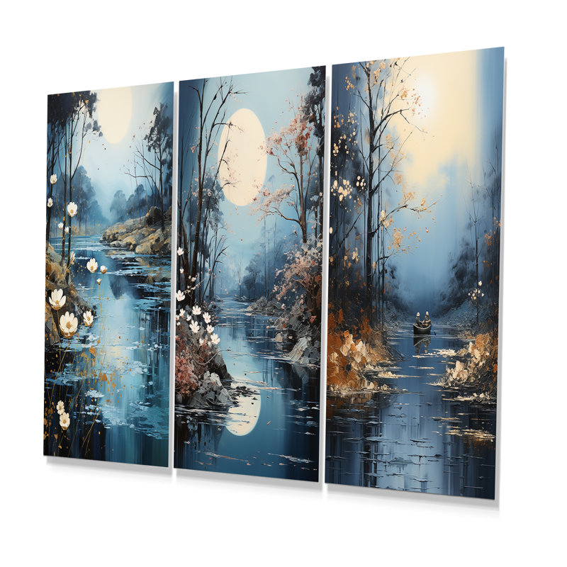 Blue Moonlit River Blooms I - Forest River Metal Wall Decor Set Of 3, 32" H x 48" W