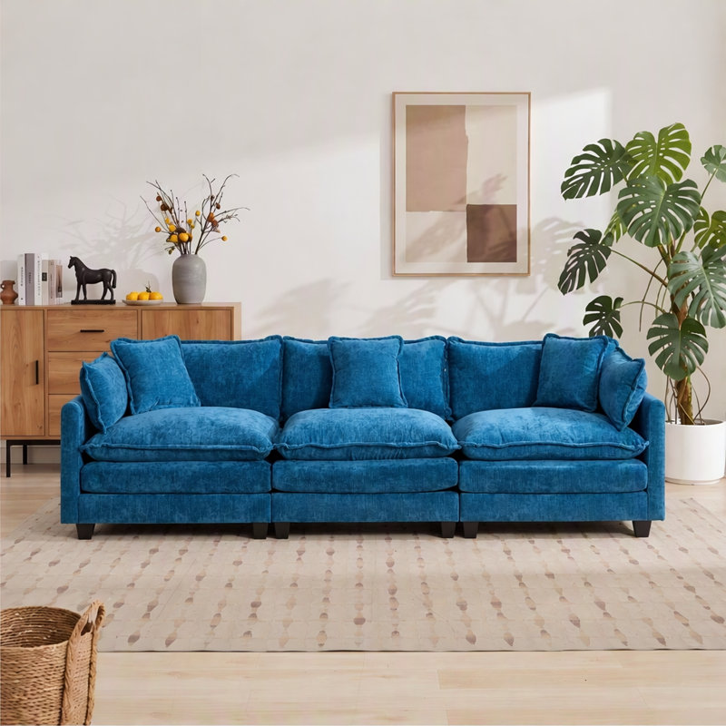 Canapé d'angle en chenille de 114 po, Chenille bleu, H 33 po x l 114 po x P 35 po