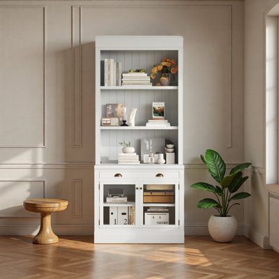 Bibliothèque de 83,4 po de hauteur, bibliothèque moderne avec 2 portes en verre et 1 tiroir, bibliothèque de rangement avec tablettes ouvertes pour le salon, le bureau personnel
