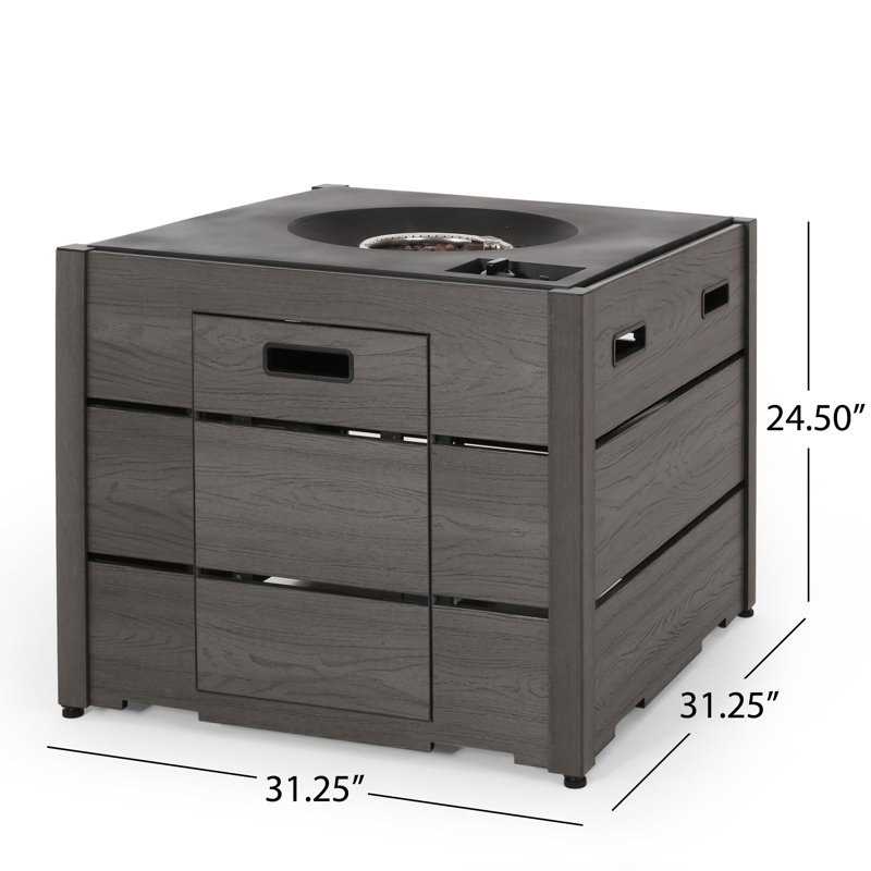 Square Wood Resin Propane Smokeless Fire Pit Table with Hidden Fuel Tank, Gray