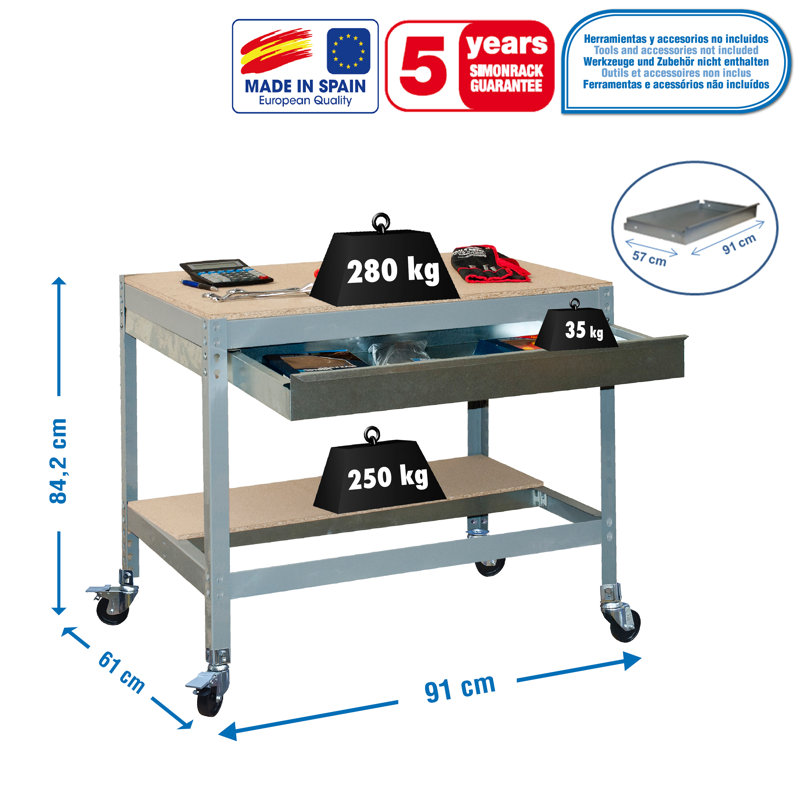 Wood Top Workbench with Wheels, 91.7cm H x 91cm W x 61cm D