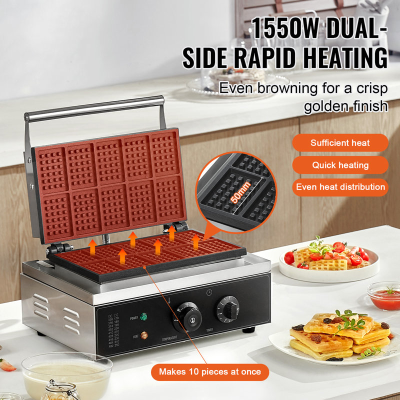 Stainless Steel Belgian 10-Waffle Non-Stick Commercial Waffle Maker