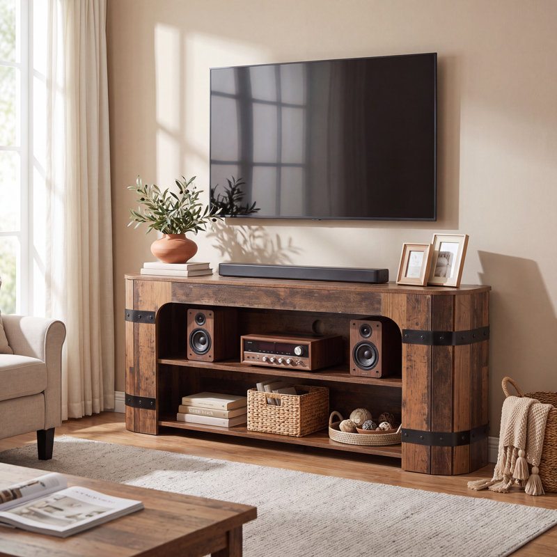 Meuble télé 63 po avec rangement ouvert à 2 niveaux et détails en métal