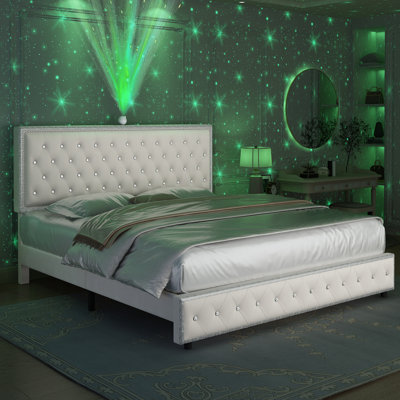 King Bed Frame With Starry Lights, Crystal Button Tufted Adjustable Headboard, Silver Trim, Kerrah