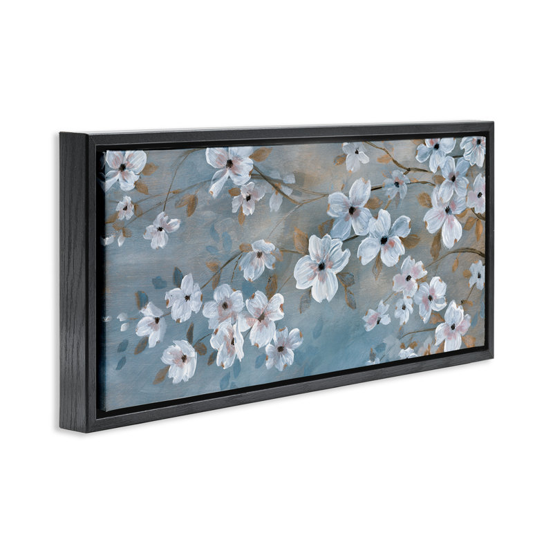 Art mural traditionnel sur toile flottant, "Traditional Apple Blossoms", H 11 po x l 25 po, Cadre flottant noir de jais