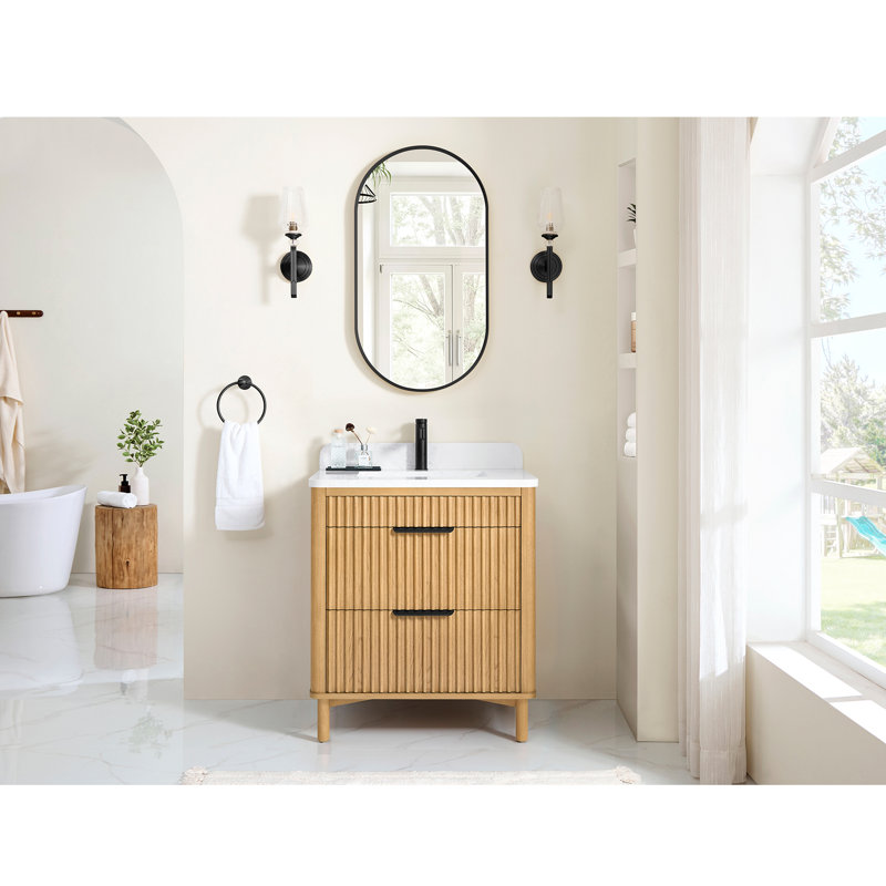 Meuble-lavabo simple 36 po Mumbai, 30", Noir mat, Chêne brun clair patiné
