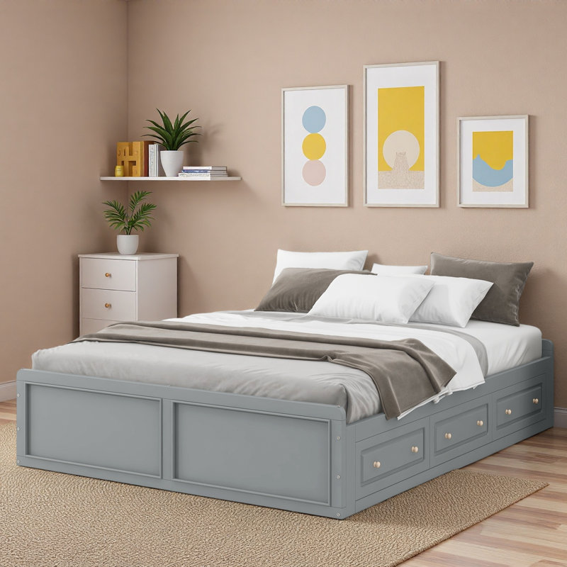 Lit plateforme en bois avec 6 tiroirs, sans tête de lit, Gris