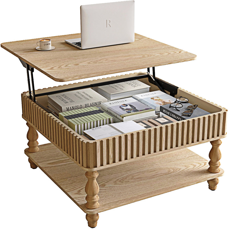 Table basse à plateau relevable avec rangement, Bois naturel