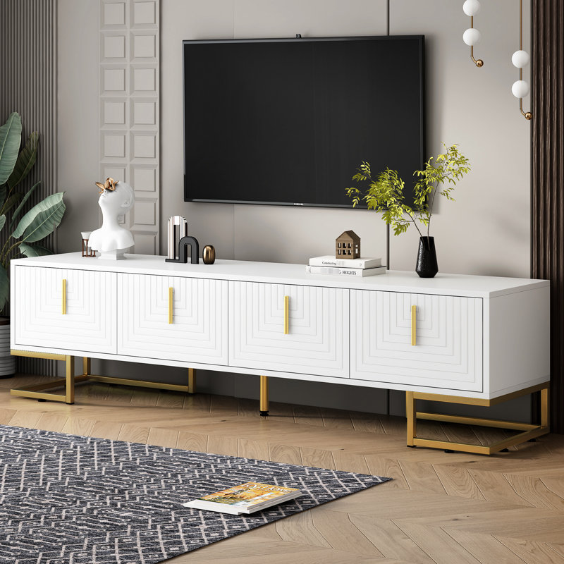 Meuble télé blanc et doré avec armoires réglables, tablettes de 80 po avec pieds en métal, poignées modernes, tablettes d'armoire
