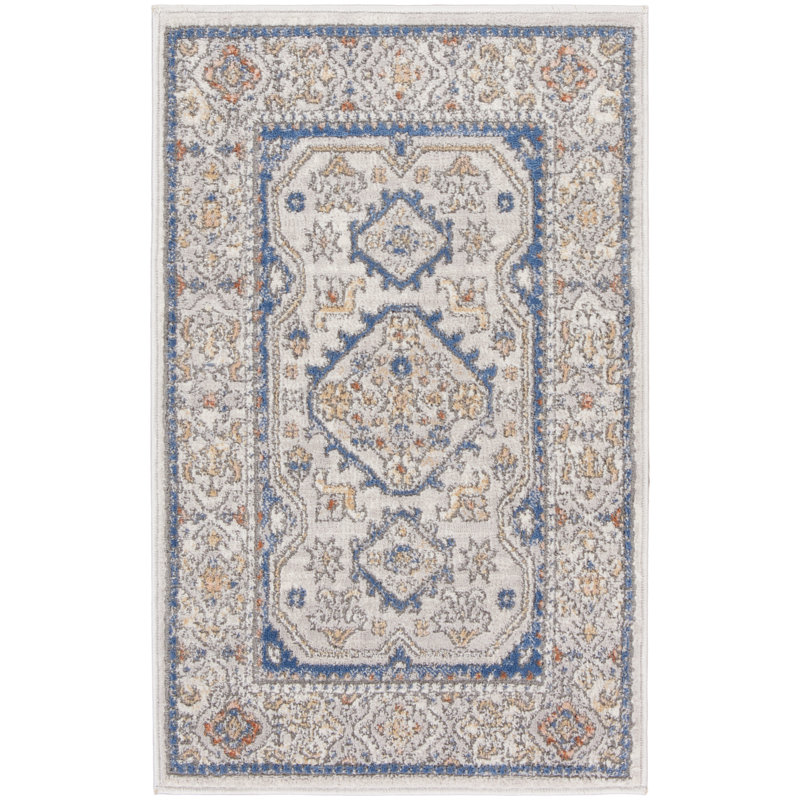 Tapis oriental beige / bleu tissé à la machine, Rectangle 2 pi x 3 pi