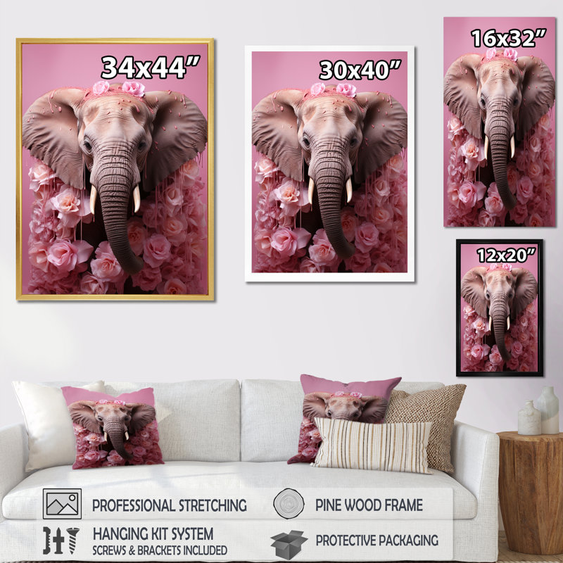 «Pink Romantic Blooms Elephant II», reproduction sur toile, Cadre simple blanc, H 32 po x l 24 po x P 1 po