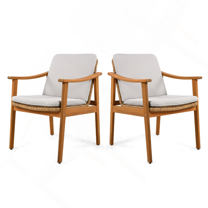 Ensemble de 2 chaises de salle à manger d'extérieur, structure en bois d'acacia couleur teck, osier PE brun, coussin imperméable gris, idéal pour les patios et les jardins