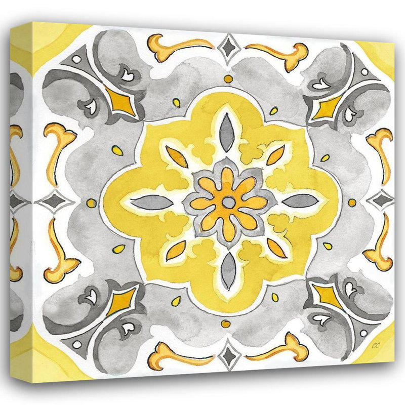 Art de toile tendue Red Barrel Studio®, Cynthia Gallery, titré: Jewel Medallion jaune gris III, H 28 po x l 28 po