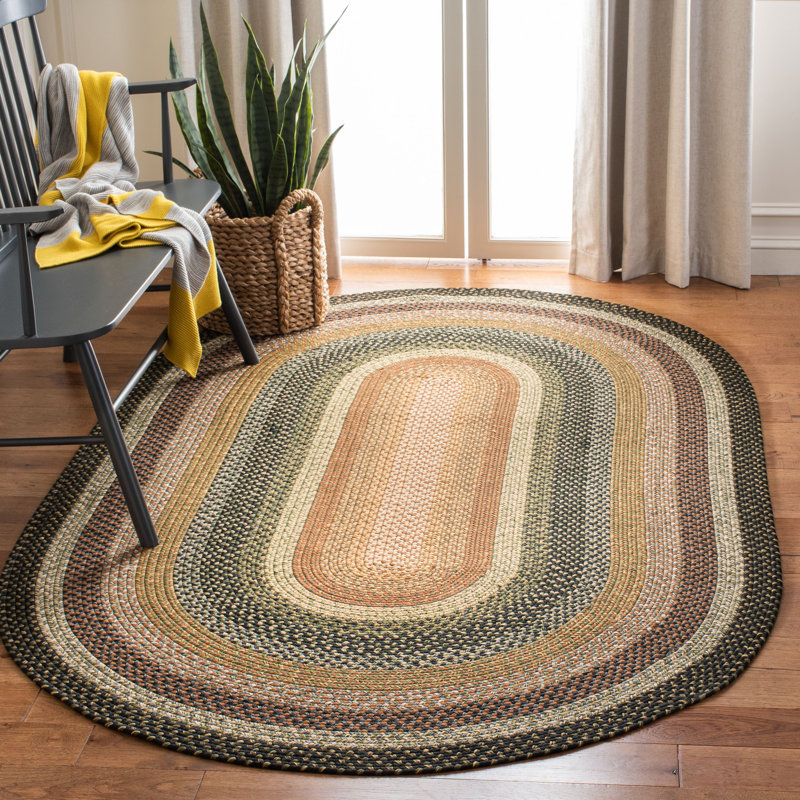 Tapis d'intérieur / extérieur géométrique tissé à la main Georgina, Ovale 7 pi x 10 pi, Brown/Green