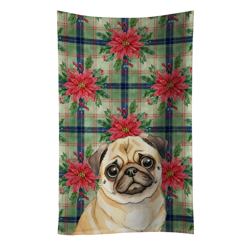 Fawn Pug Christmas PoinsettIas Kitchen Towel, Fawn Pug