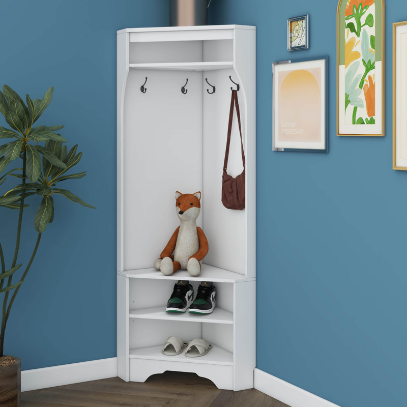 Portemanteau d'angle avec banc à chaussures, portemanteau polyvalent avec 4 crochets, armoire d'angle avec tablette à chaussures réglable