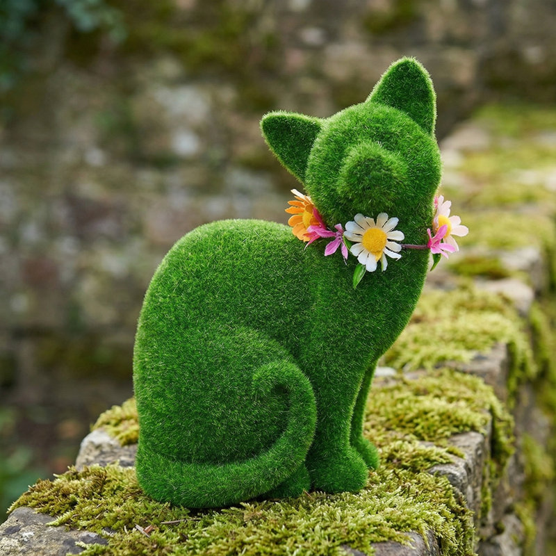 Statue de jardin Alize, chat et fleur, topiaire verte, chiffres de la Saint-Patrick