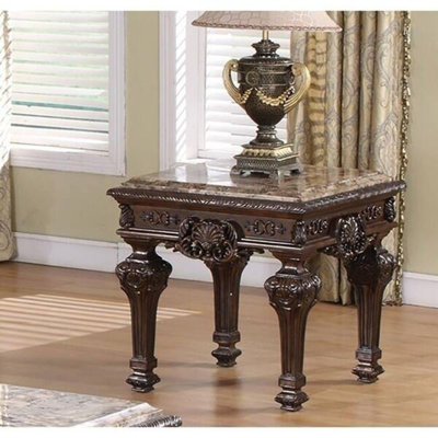 Table de bout traditionnelle en bois massif avec plateau en marbre, table d'appoint sculptée à la main en cerisier