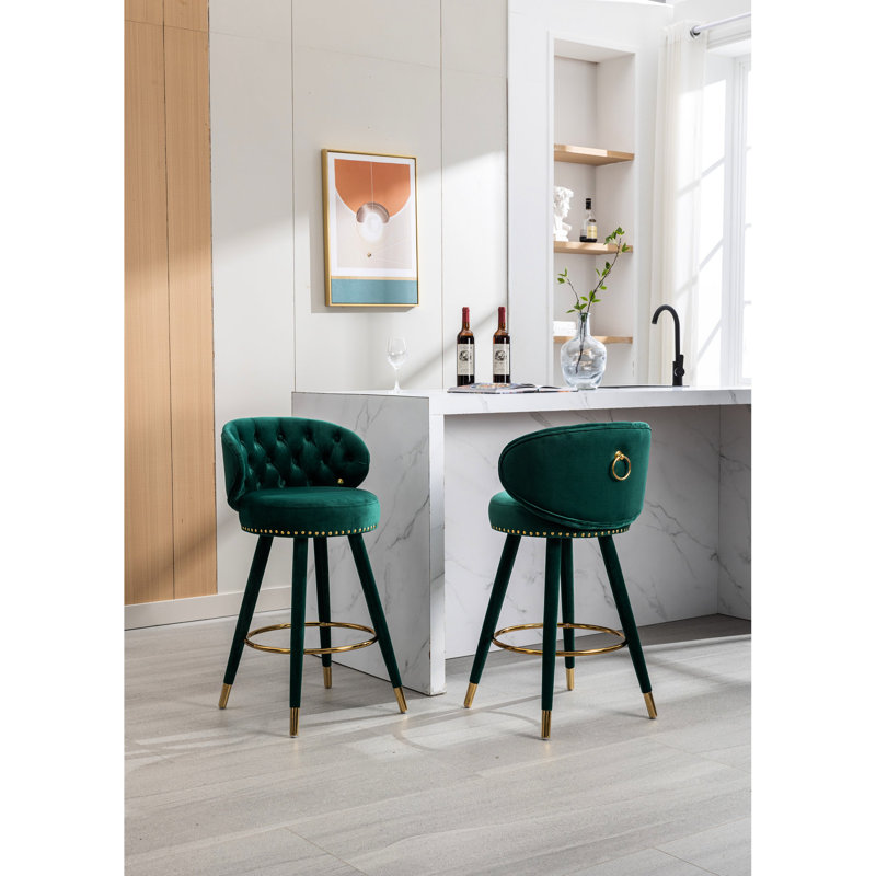 Of 2 Counter Height Chairs, Solid Wood Structure, Classy Velvet Seat Bar Stools ( 2), Framework, Luxurious Cushion, Emerald