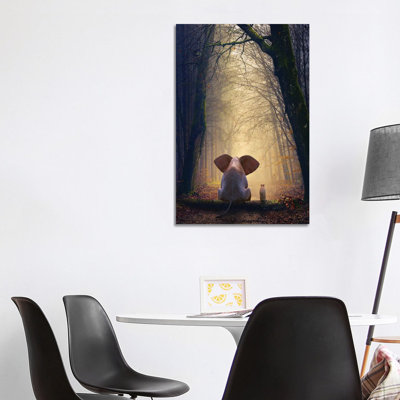 Elephant And Dog Sit In The Autumn Forest by Mike Kiev - Wrapped Canvas Print