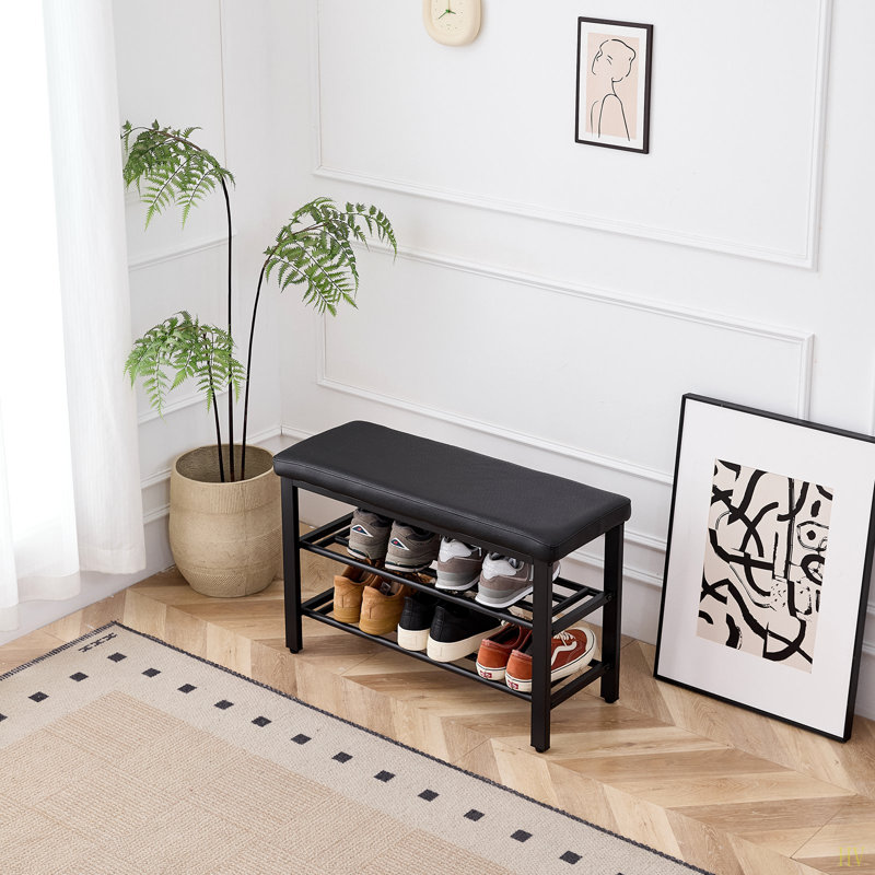 Petit banc à chaussures, étagère à chaussures à 3 niveaux, banc de rangement pour chaussures avec coussin de siège en polyuréthane, banc de rangement pour chaussures d'entrée avec tablettes en maille métallique, range-chaussures autoportant pour le couloir