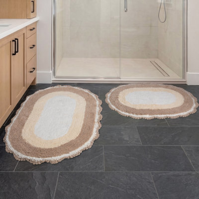 2 Piece Bathroom Rug Set - Reversible Oval Bath Rugs Set of 2 with Crochet Edges - Machine Washable Soft and Absorbent Cotton Bath Mats for Bathroom Floor, Kitchen, or Laundry (Beige)