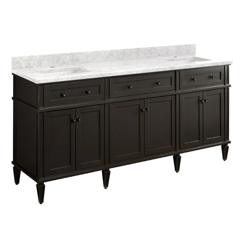 72" Elmdale Double Bathroom Vanity Set with Rectangular Undermount Sinks, Single Hole, Carrara Marble, Charcoal Black