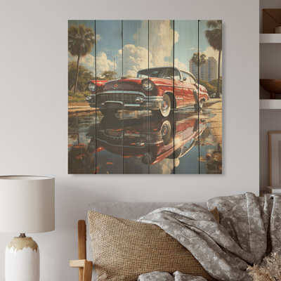 Classic Retro Vintage Red Car - Retro Wood Art On Natural Pine Wood