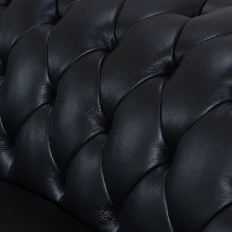 138" Chesterfield Handcrafted Top Grain Cow Genuine leather Sectional, Black Genuine Leather, Right Hand Facing