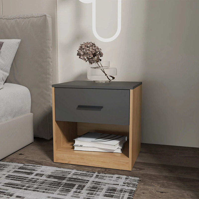 Table de bout avec table de chevet moderne à un tiroir de 19,7 po de hauteur avec tablette ouverte pour chambre à coucher, bureau personnel, salon, chêne naturel - gris mat