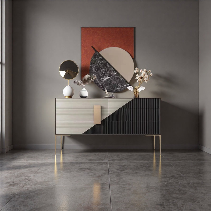 Commode décorative 6 tiroirs Irma, 35.43" H x 55.12" W x 15.75" D, Or / noir / gris